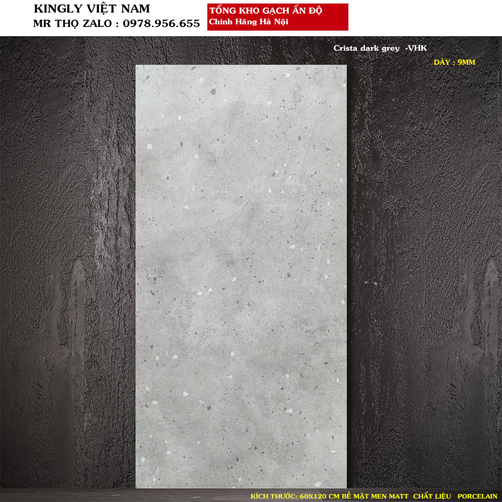 Gạch lát nền Vân đá Terrazzo 60x120 cm ấn độ Crista dark grey